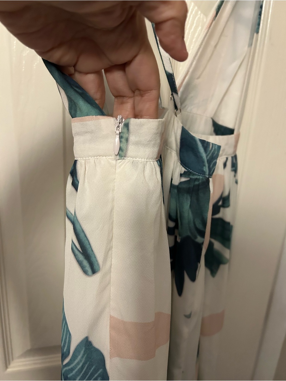AKIRA White Maxi Jumpsuit with Teal & Blush Leaf Print - Picture 11 of 11